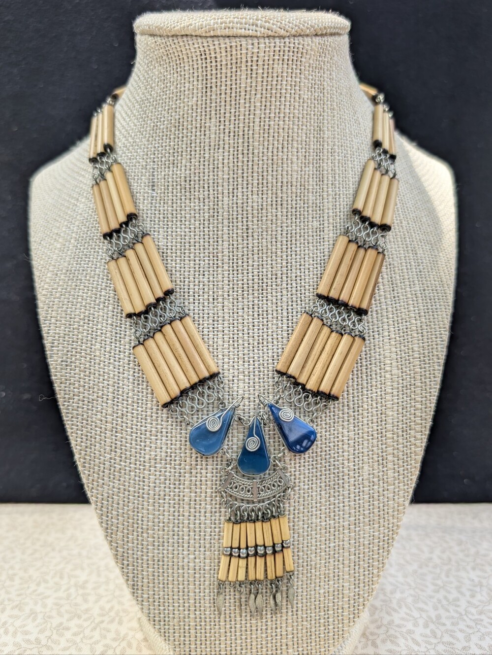 Vintage Boho Peruvian Necklace wire work bamboo with blue gemstones